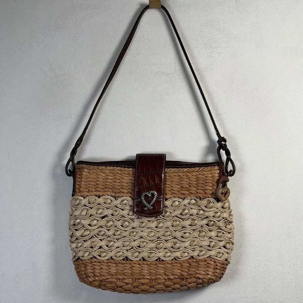 Vintage Brighton Straw Woven Shoulder Bag Brown Leather Heart Flap Boho Purse